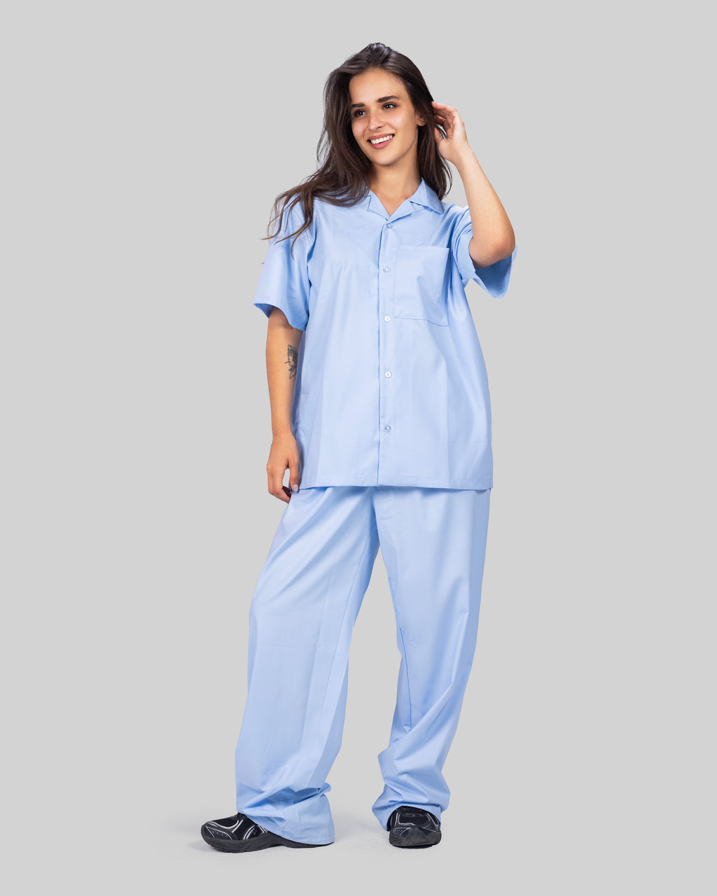 Classic Light Blue Casual Set | Relaxed Fit | Button-Up Shirt & Wide-Leg Pants