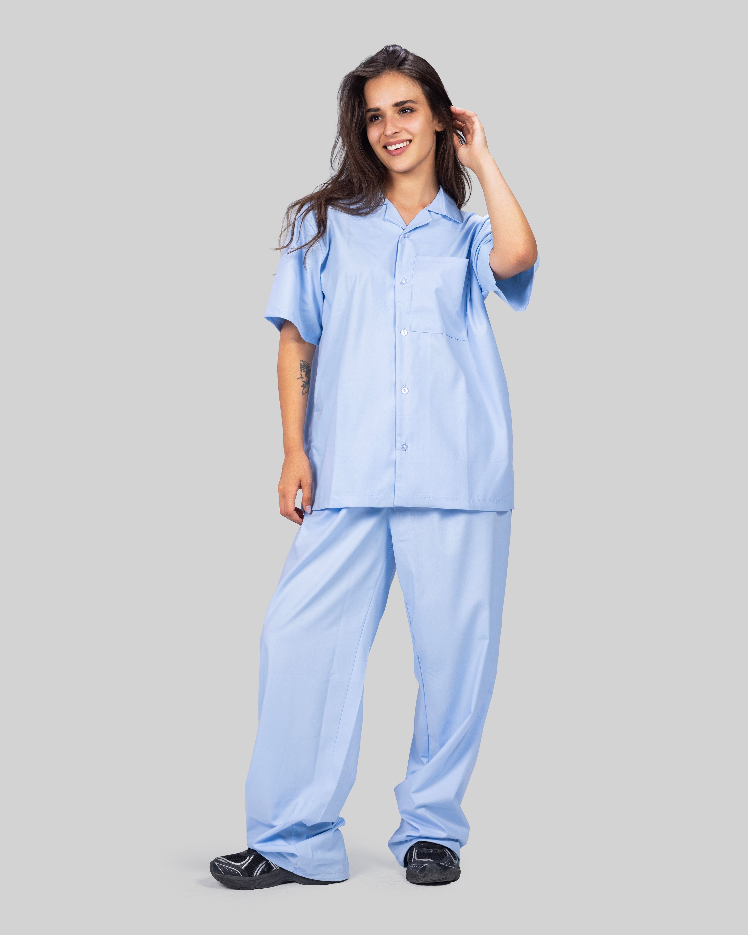 Classic Light Blue Casual Set | Relaxed Fit | Button-Up Shirt & Wide-Leg Pants