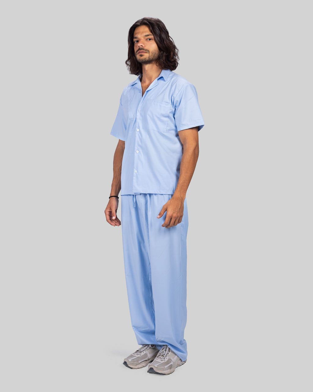 Classic Light Blue Casual Set | Relaxed Fit | Button-Up Shirt & Wide-Leg Pants